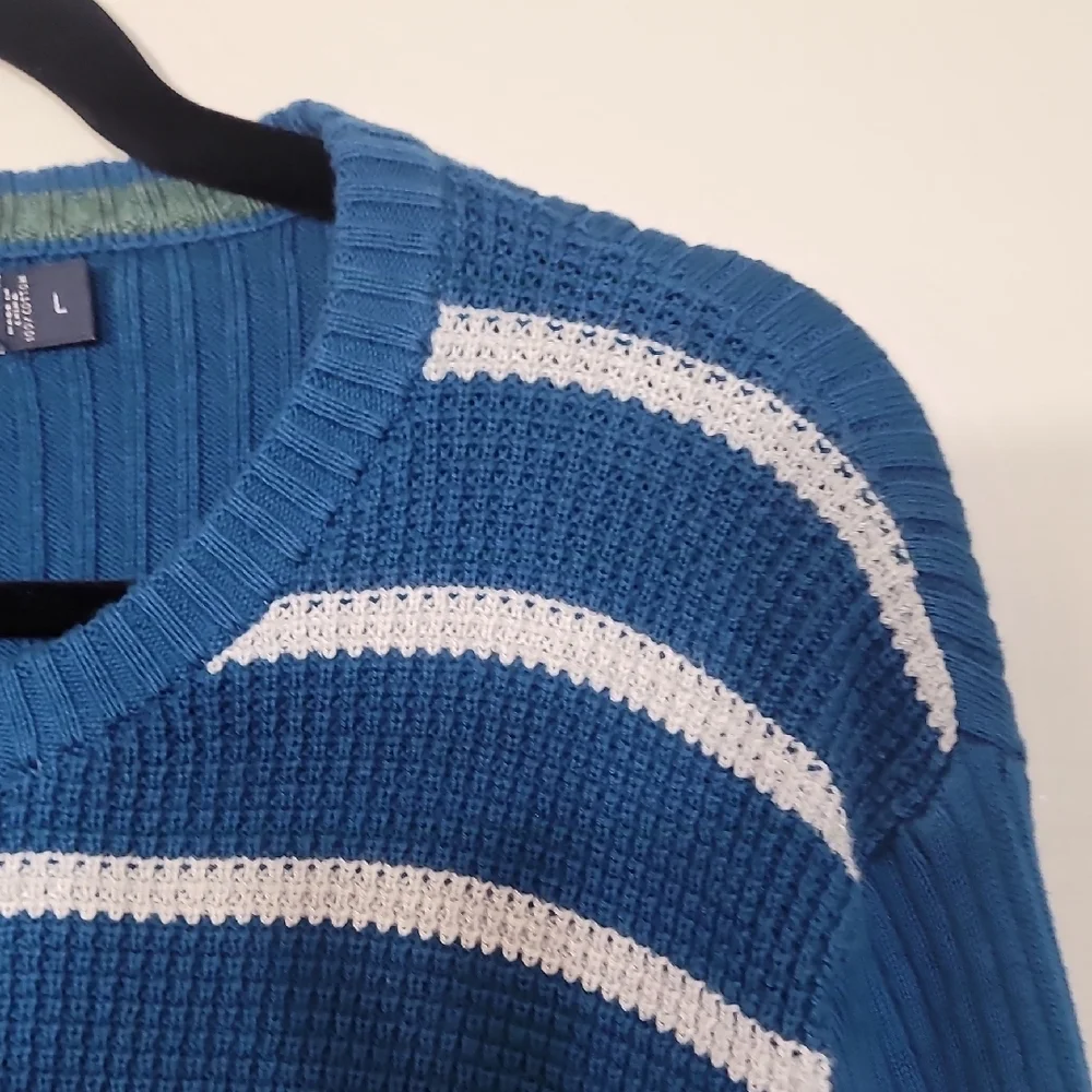 Vintage Nautica Mens 100% Cotton Crewneck Sweater Size L Blue White Stripe Y2K